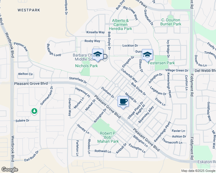 map of restaurants, bars, coffee shops, grocery stores, and more near 2945 Market Street in Roseville