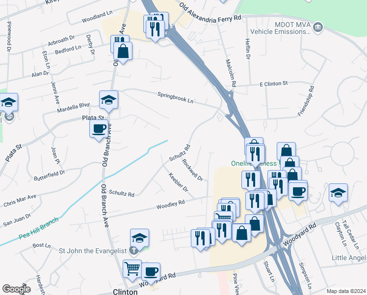map of restaurants, bars, coffee shops, grocery stores, and more near 8317 Schultz Road in Clinton