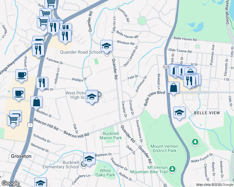 map of restaurants, bars, coffee shops, grocery stores, and more near 6608 Quander Road in Alexandria