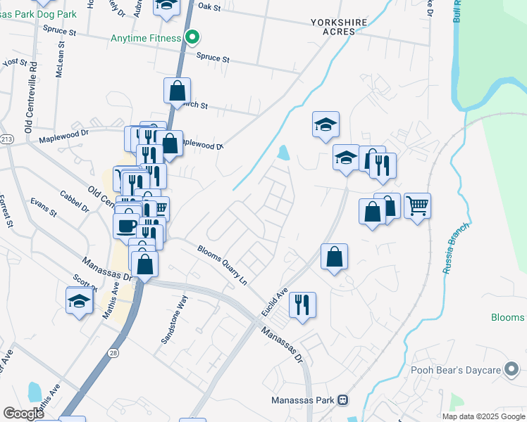 map of restaurants, bars, coffee shops, grocery stores, and more near 8185 Cobble Pond Way in Manassas