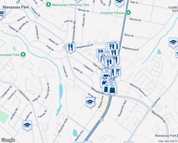 map of restaurants, bars, coffee shops, grocery stores, and more near 113 Cabbel Drive in Manassas Park