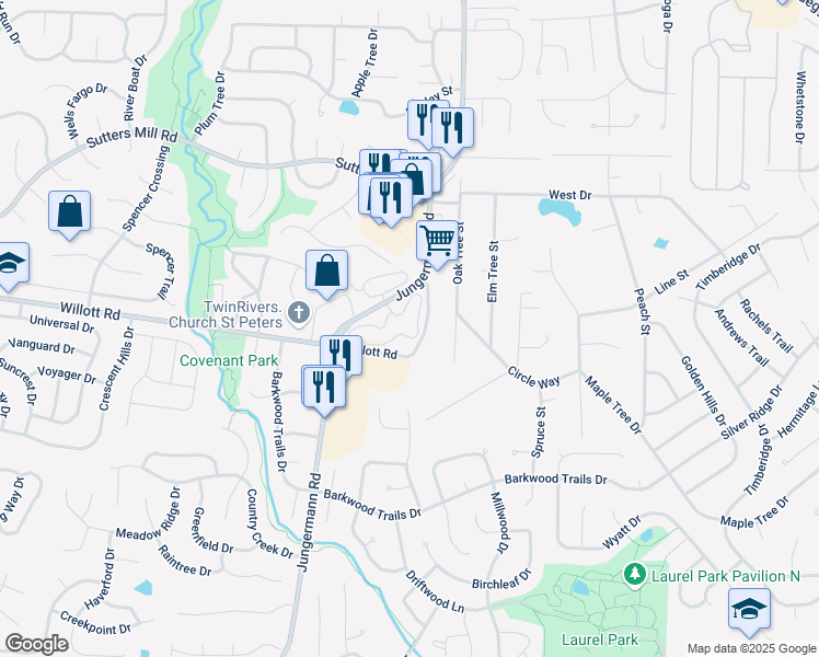 map of restaurants, bars, coffee shops, grocery stores, and more near 408 Donner Pass in St. Peters