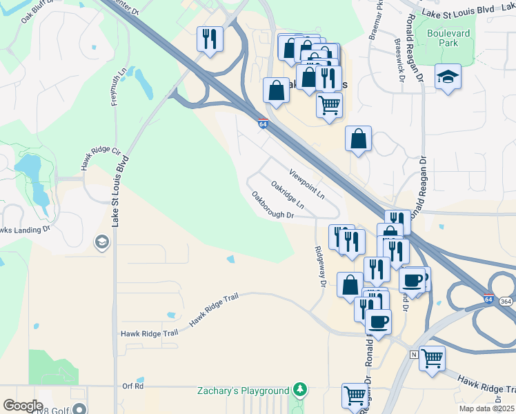 map of restaurants, bars, coffee shops, grocery stores, and more near 245 Oakborough Drive in O'Fallon