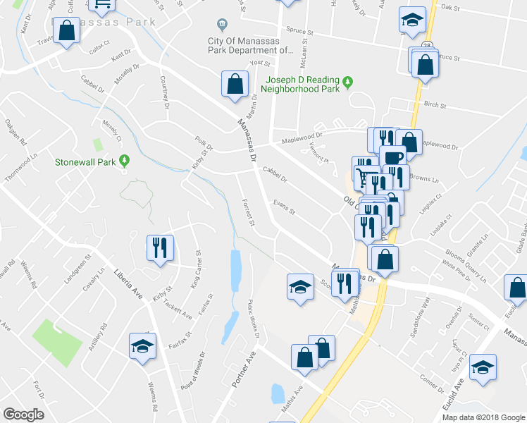 map of restaurants, bars, coffee shops, grocery stores, and more near 161 Manassas Dr in Manassas Park