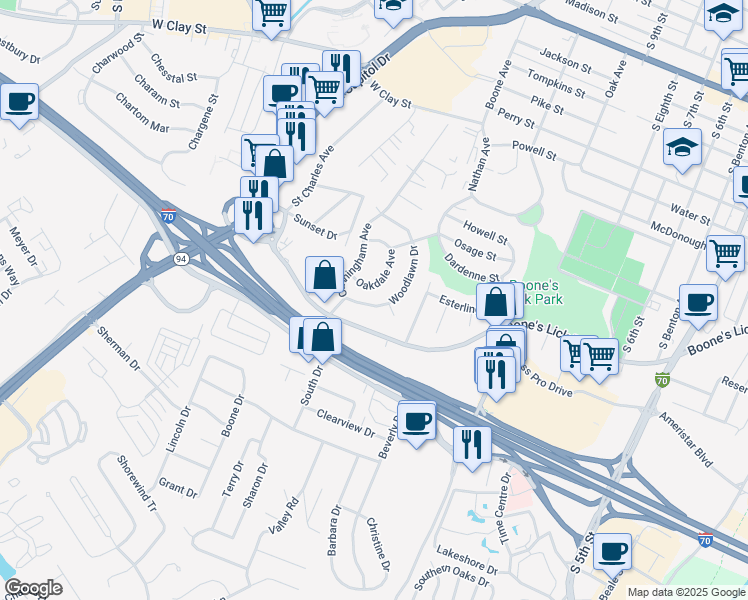 map of restaurants, bars, coffee shops, grocery stores, and more near 58 Woodlawn Drive in Saint Charles
