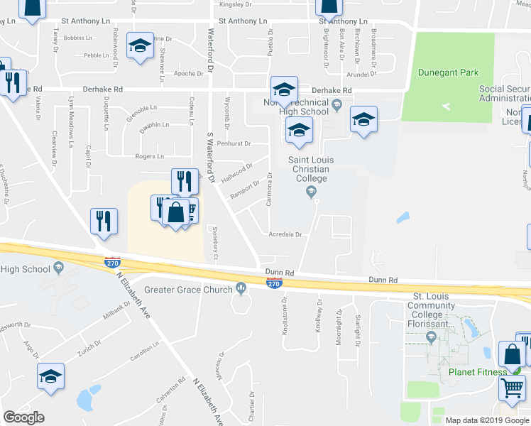 map of restaurants, bars, coffee shops, grocery stores, and more near 1335 Carmona Drive in Florissant