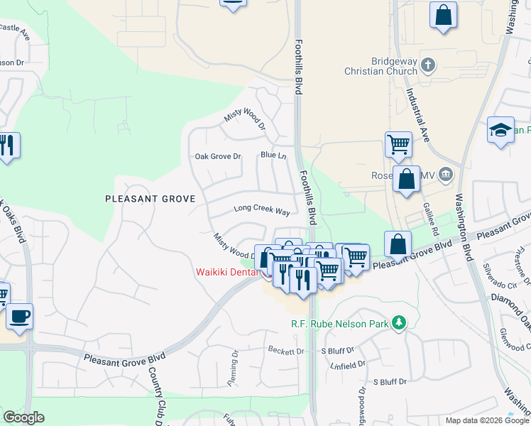 map of restaurants, bars, coffee shops, grocery stores, and more near 1429 Long Creek Way in Roseville