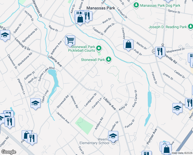 map of restaurants, bars, coffee shops, grocery stores, and more near 8425 Oakgrove Court in Manassas
