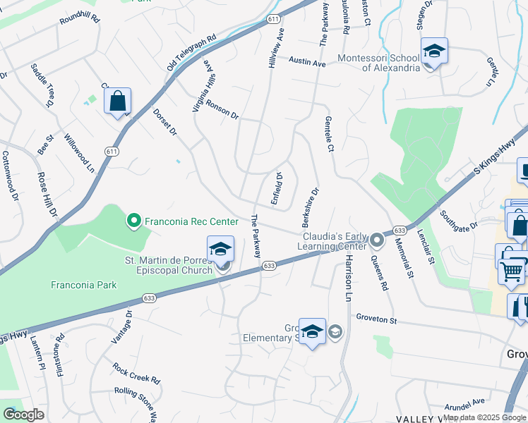 map of restaurants, bars, coffee shops, grocery stores, and more near 6524 Virginia Hills Avenue in Alexandria
