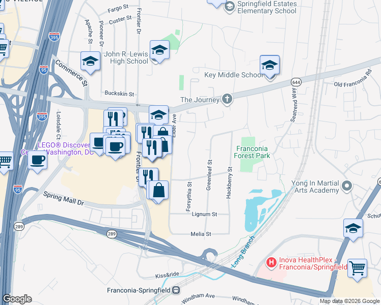 map of restaurants, bars, coffee shops, grocery stores, and more near 6601 Forsythia Street in Springfield