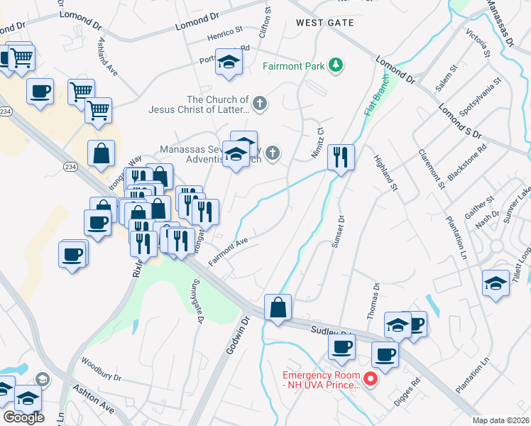 map of restaurants, bars, coffee shops, grocery stores, and more near 8344 Scotland Loop in Manassas