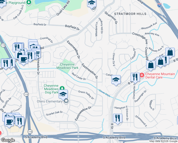 map of restaurants, bars, coffee shops, grocery stores, and more near 3915 Glenhurst Street in Colorado Springs