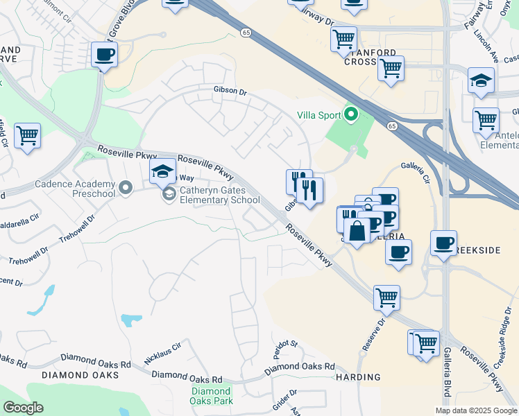map of restaurants, bars, coffee shops, grocery stores, and more near 923 Keely Drive in Roseville