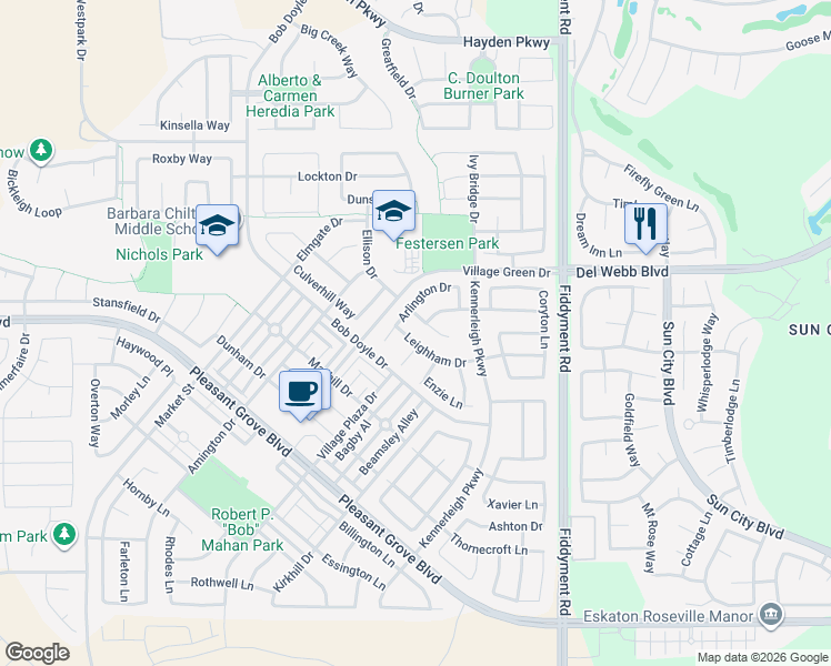 map of restaurants, bars, coffee shops, grocery stores, and more near 2129 Leighham Drive in Roseville
