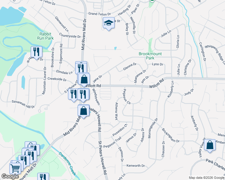 map of restaurants, bars, coffee shops, grocery stores, and more near 102 Willott Square Drive in St. Peters