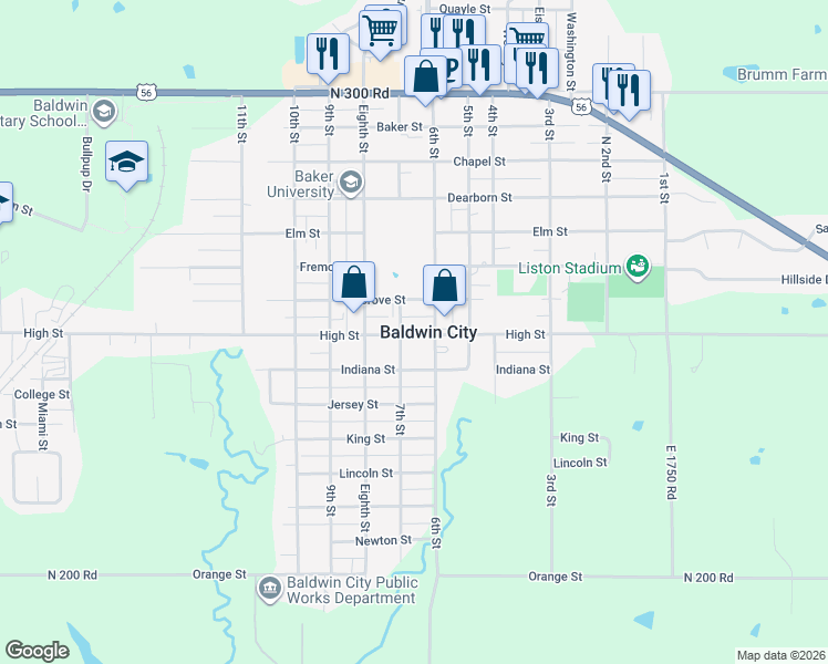 map of restaurants, bars, coffee shops, grocery stores, and more near in Baldwin City