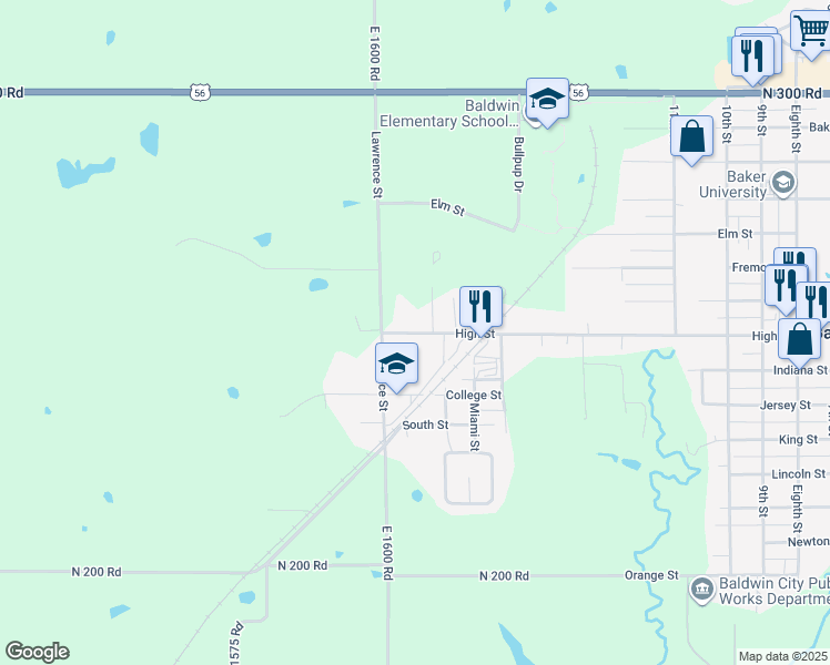 map of restaurants, bars, coffee shops, grocery stores, and more near 1714 High Street in Baldwin City