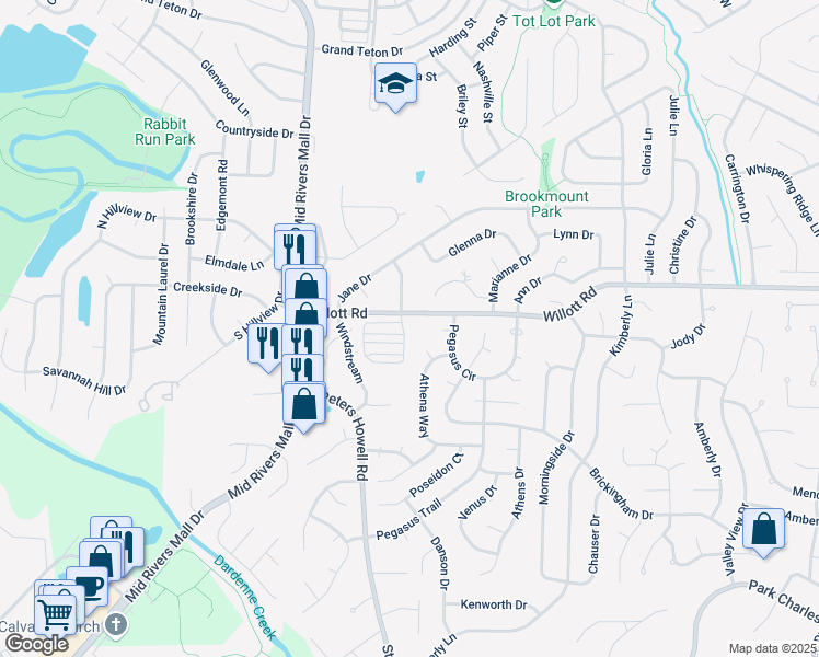 map of restaurants, bars, coffee shops, grocery stores, and more near 400 Willot Square Drive in Saint Peters