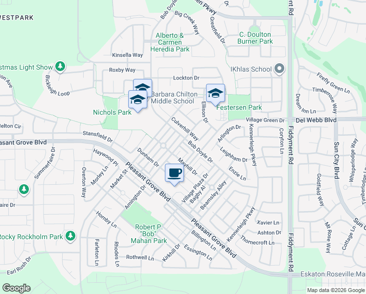 map of restaurants, bars, coffee shops, grocery stores, and more near 2080 Honey Church Place in Roseville