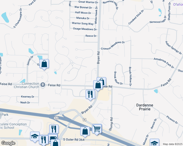 map of restaurants, bars, coffee shops, grocery stores, and more near Mia Rose Way in Dardenne Prairie