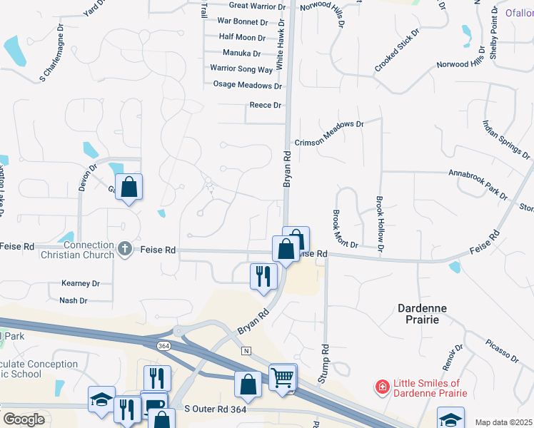 map of restaurants, bars, coffee shops, grocery stores, and more near Mia Rose Way in Dardenne Prairie