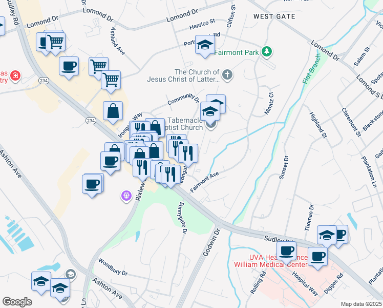 map of restaurants, bars, coffee shops, grocery stores, and more near 8399 Irongate Way in Manassas