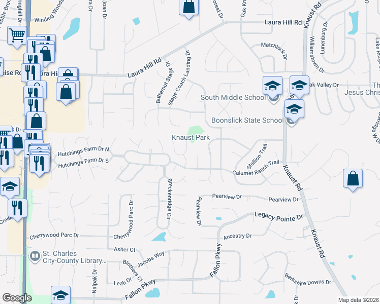 map of restaurants, bars, coffee shops, grocery stores, and more near 12 Calumet Meadows Court in St. Peters