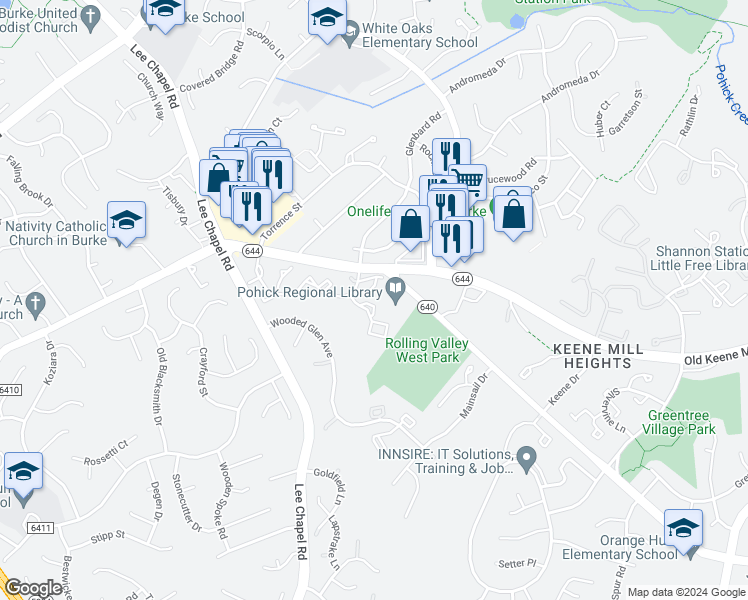 map of restaurants, bars, coffee shops, grocery stores, and more near 9388 Peter Roy Court in Burke