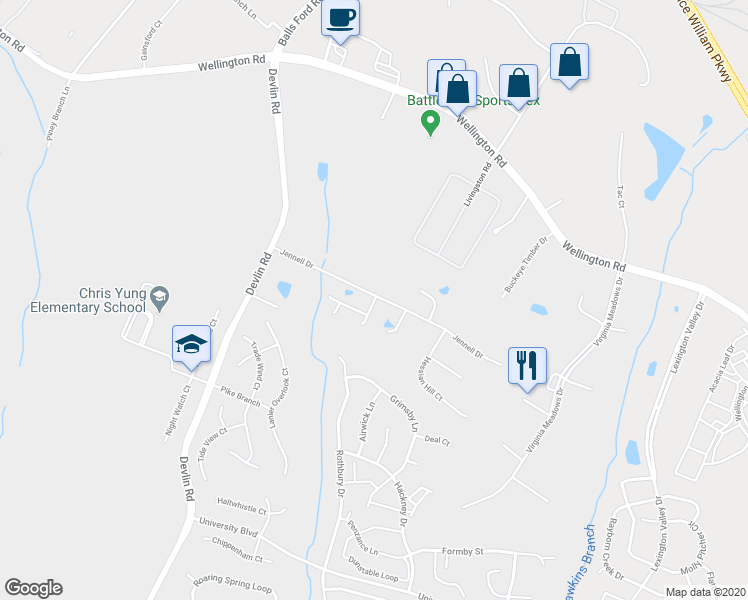 map of restaurants, bars, coffee shops, grocery stores, and more near 8329 Old Sonoma Place in Bristow
