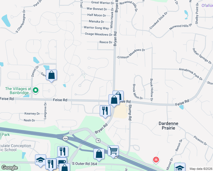 map of restaurants, bars, coffee shops, grocery stores, and more near 100 Mia Rose Way in Dardenne Prairie