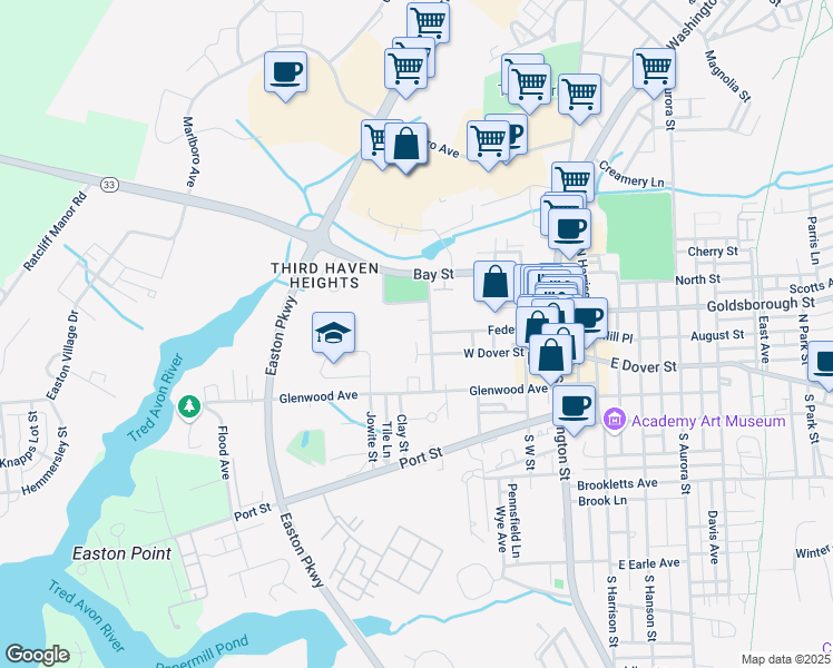 map of restaurants, bars, coffee shops, grocery stores, and more near 316 Hopkins Place in Easton