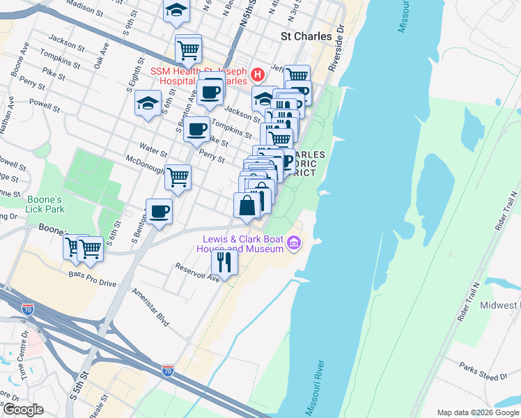 map of restaurants, bars, coffee shops, grocery stores, and more near 828 South Main Street in Saint Charles