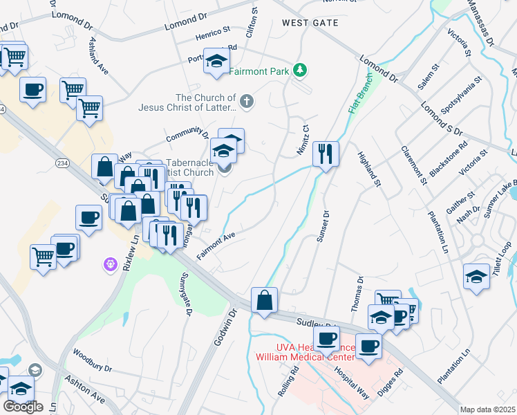 map of restaurants, bars, coffee shops, grocery stores, and more near Scotland Loop in Manassas
