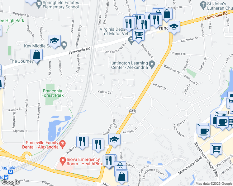 map of restaurants, bars, coffee shops, grocery stores, and more near 6603 Forbush Court in Alexandria