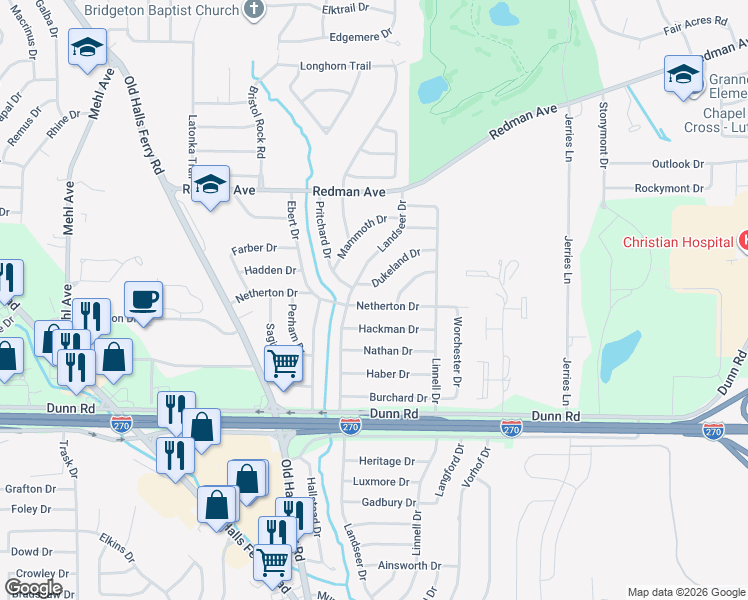 map of restaurants, bars, coffee shops, grocery stores, and more near 2543 Netherton Drive in St. Louis