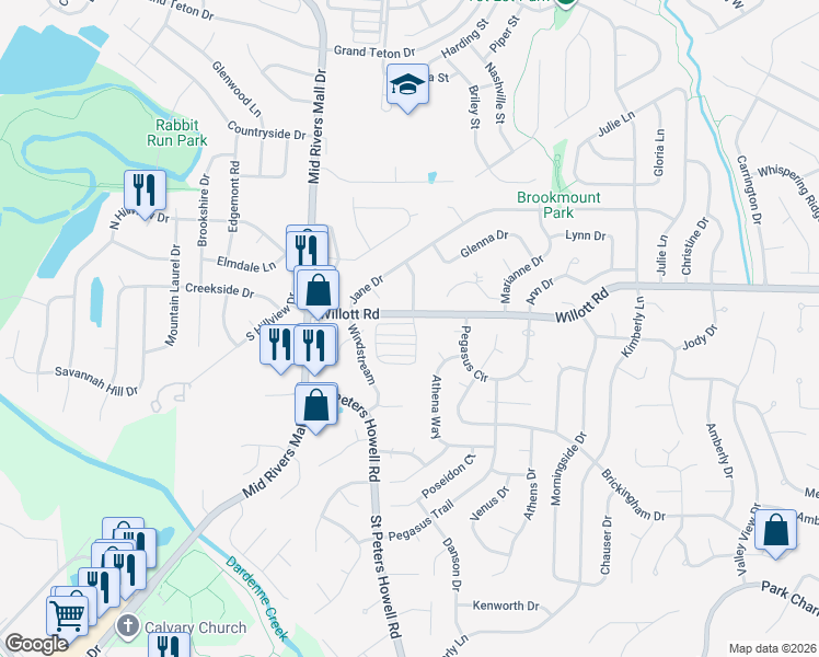 map of restaurants, bars, coffee shops, grocery stores, and more near 102 Willott Square Drive in St. Peters