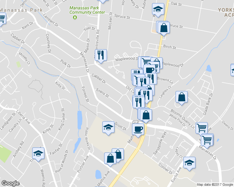 map of restaurants, bars, coffee shops, grocery stores, and more near 113 Cabbel Drive in Manassas Park