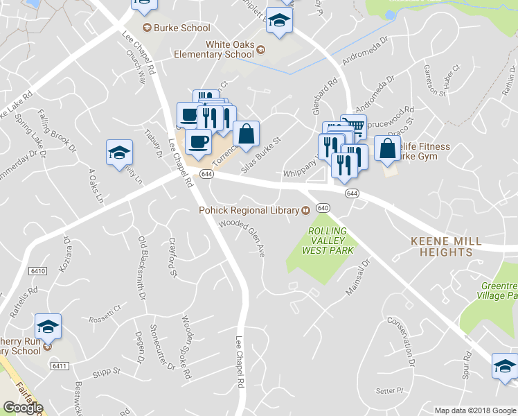 map of restaurants, bars, coffee shops, grocery stores, and more near 9417 William Kirk Lane in Burke