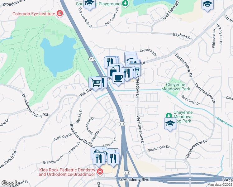 map of restaurants, bars, coffee shops, grocery stores, and more near 868 London Green Way in Colorado Springs