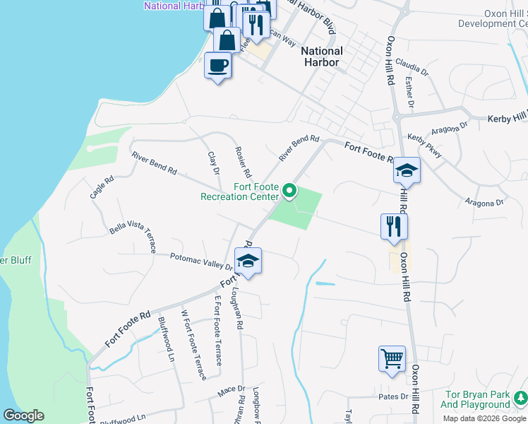 map of restaurants, bars, coffee shops, grocery stores, and more near 8305 Fort Foote Road in Fort Washington