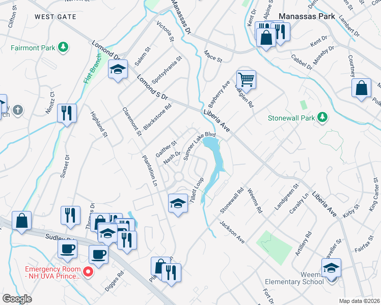 map of restaurants, bars, coffee shops, grocery stores, and more near 9320 Sumner Lake Boulevard in Manassas