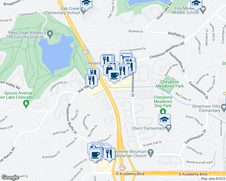 map of restaurants, bars, coffee shops, grocery stores, and more near 866 London Green Way in Colorado Springs