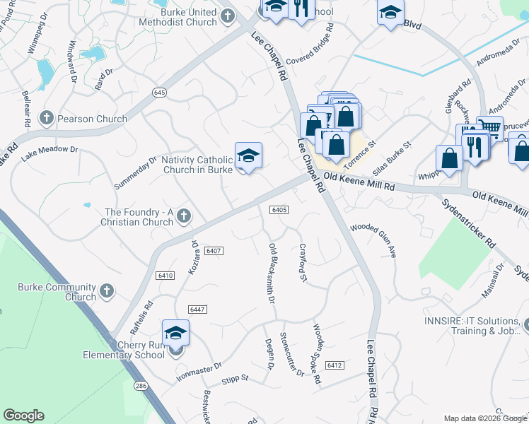 map of restaurants, bars, coffee shops, grocery stores, and more near 9603 Villagesmith Way in Burke