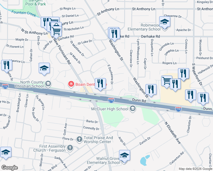 map of restaurants, bars, coffee shops, grocery stores, and more near 9 Saint Thomas Court in Florissant