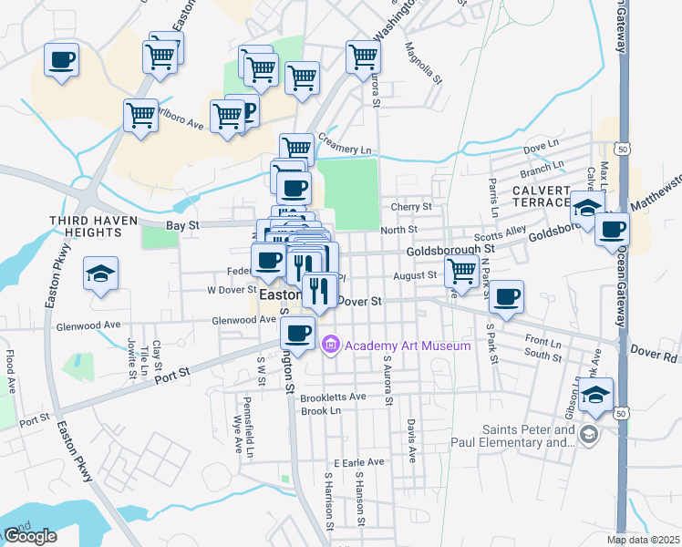 map of restaurants, bars, coffee shops, grocery stores, and more near 15 North Hanson Street in Easton