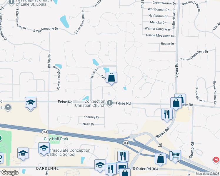 map of restaurants, bars, coffee shops, grocery stores, and more near 248 Greenshire Lane in O'Fallon
