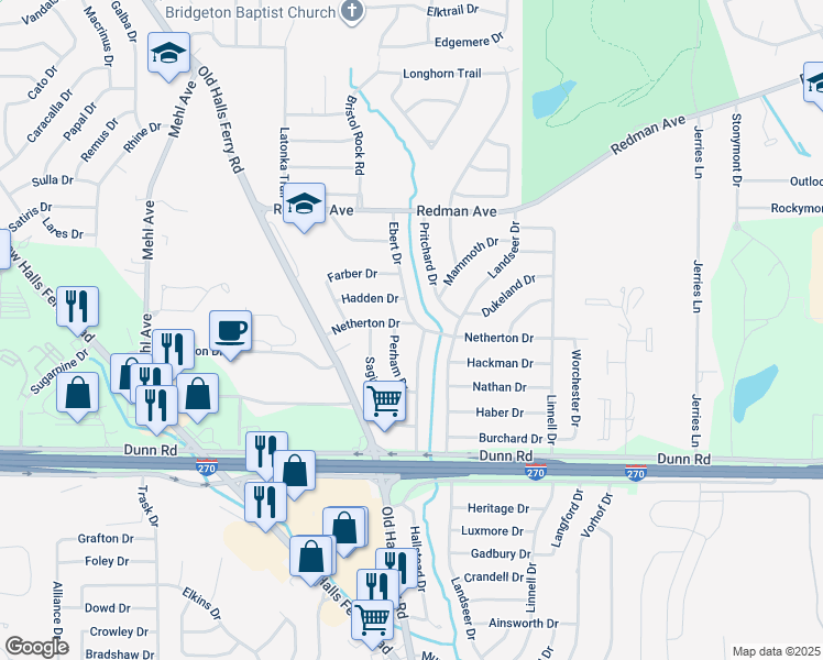 map of restaurants, bars, coffee shops, grocery stores, and more near 2618 Netherton Drive in St. Louis