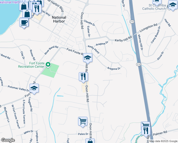 map of restaurants, bars, coffee shops, grocery stores, and more near 8312 Oxon Hill Road in Fort Washington
