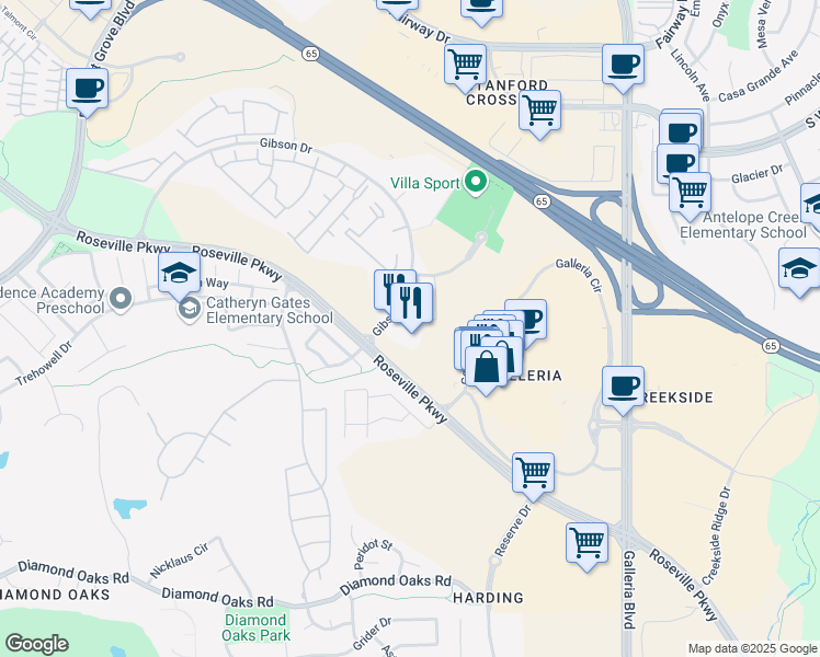 map of restaurants, bars, coffee shops, grocery stores, and more near 200 Gibson Drive in Roseville