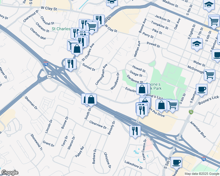 map of restaurants, bars, coffee shops, grocery stores, and more near 55 Woodlawn Drive in Saint Charles